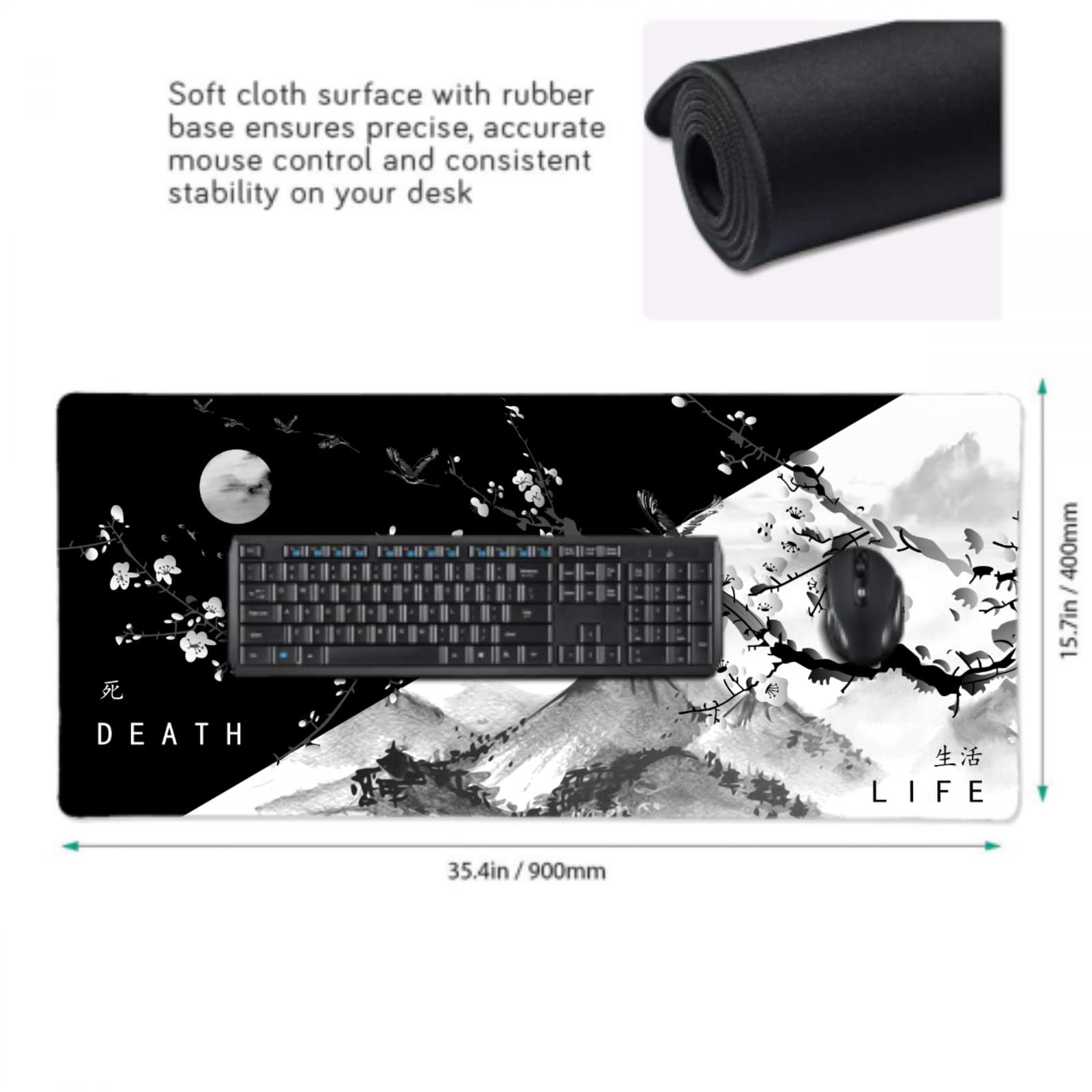 Sakura Death Life Black and White Cherry Blossom Pattern Extended Large Mouse Pad Non-Slip Rubber