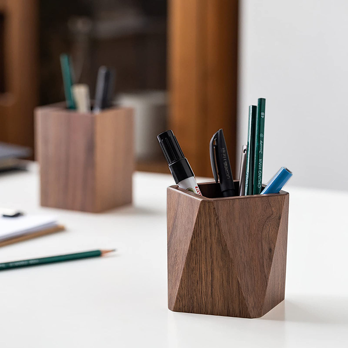 Soseelnee Black Walnut Wooden Pencil Box, Multiple-Use Desk Writing Stationary Organizer Wood Pen