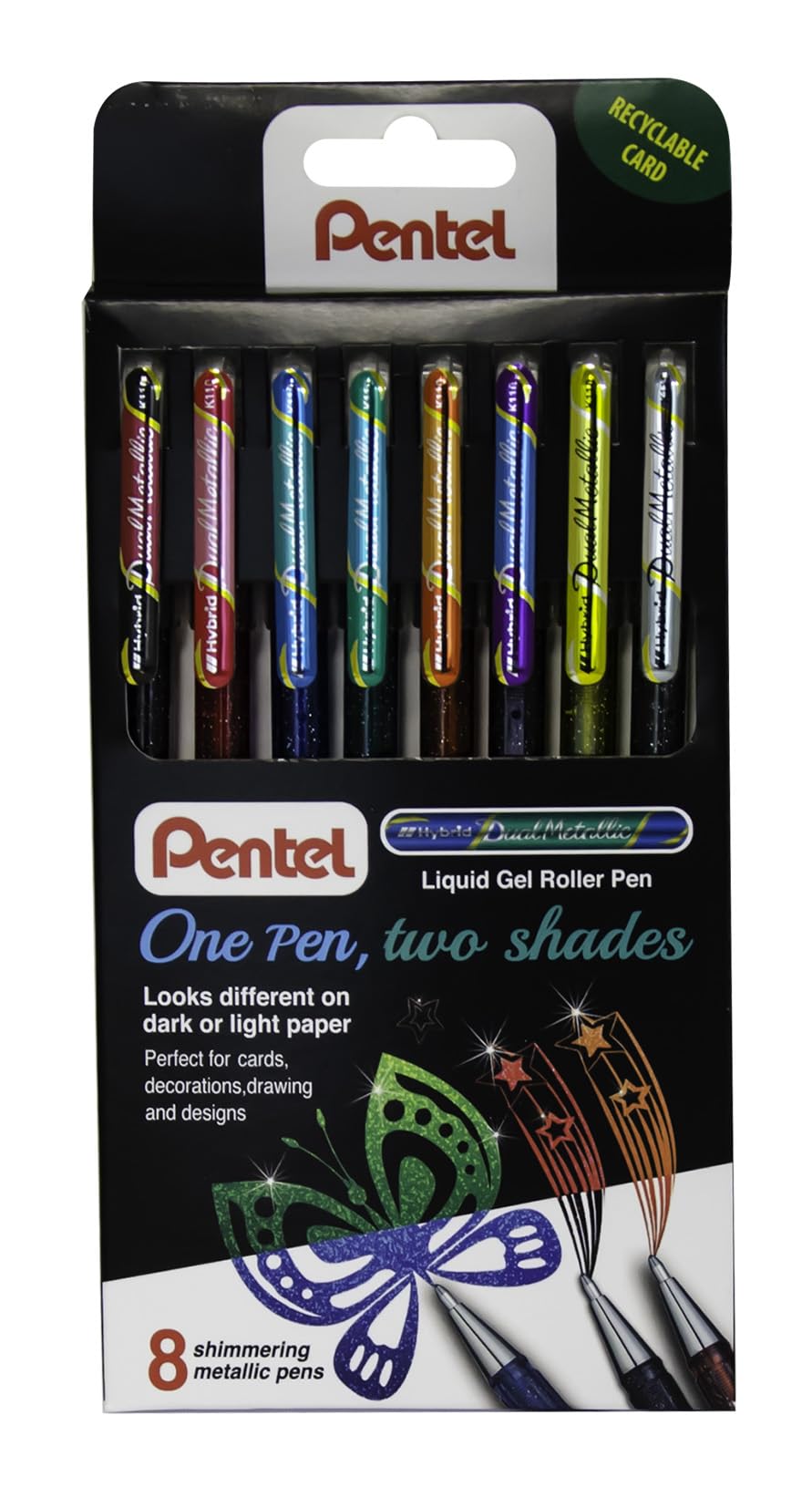 Pentel Hybrid Dual Metallic Liquid Gel Roller Pen YK110/8-M - Pack of 8 Pens in 16 Shimmering