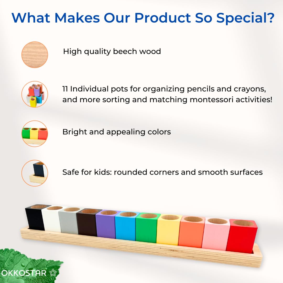 OKKOSTAR Wooden Crayon & Colored Pencil Holder, 11 Cups, Classroom (Large)