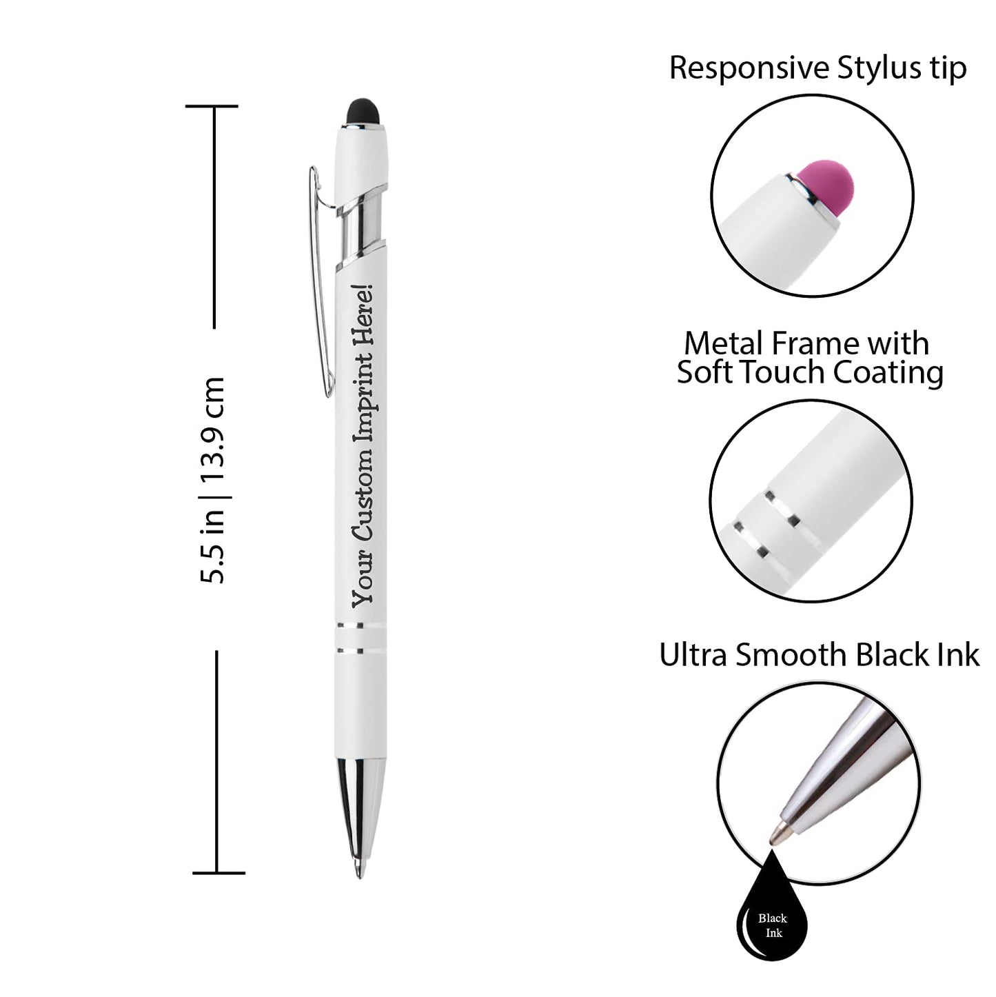 ExpressDesigns™ - Premium Custom Pens with Stylus | Beautiful White | Personalized Soft-Touch Metal