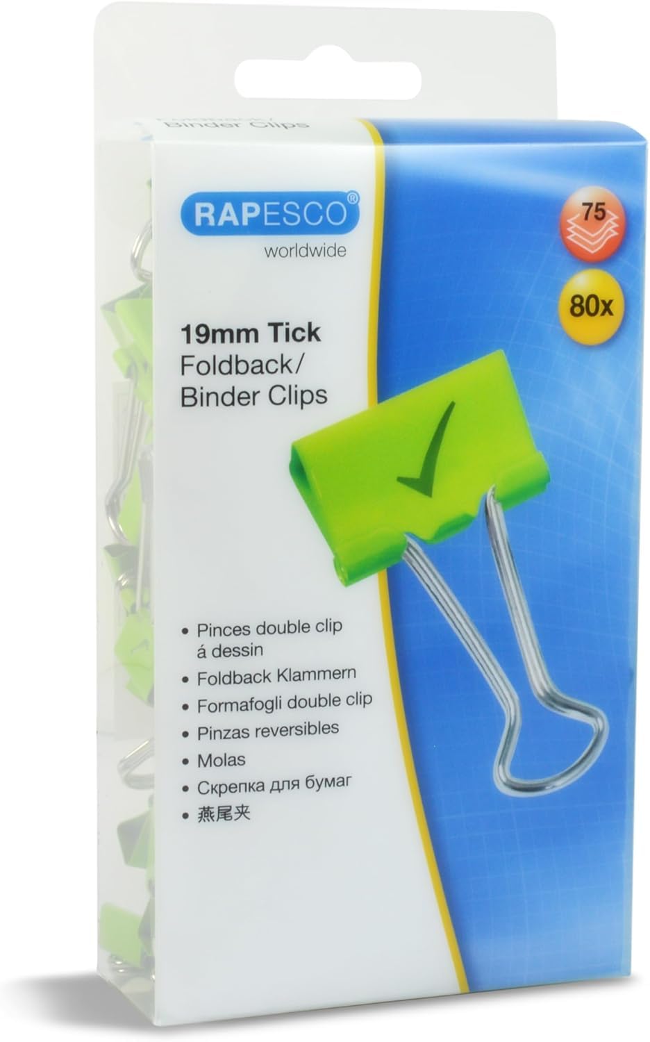 Rapesco 1421 19 mm Tick Foldback Binder Clips, Green, Pack of 80