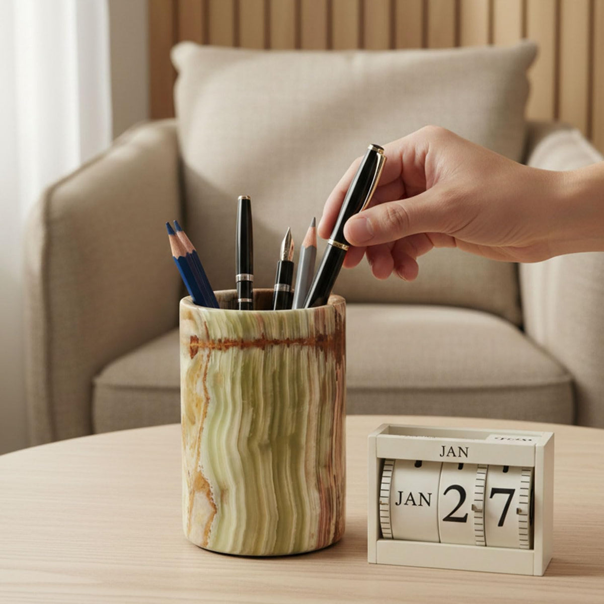 Radicaln Marble Pen Holder For Desk 4" Inches Green Onyx Handmade Marble Toothbrush Holder & Pen