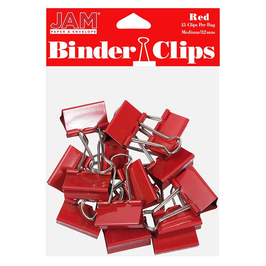 JAM PAPER Colorful Binder Clips - Medium - 1 1/4 Inch (32 mm) - Red Binderclips - 15/Pack