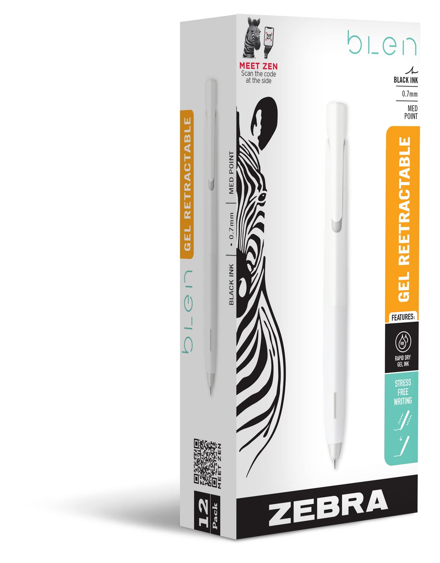 Zebra Pen bLen White Retractable Gel Pen, Black Ink, 0.7mm, 12-Pack