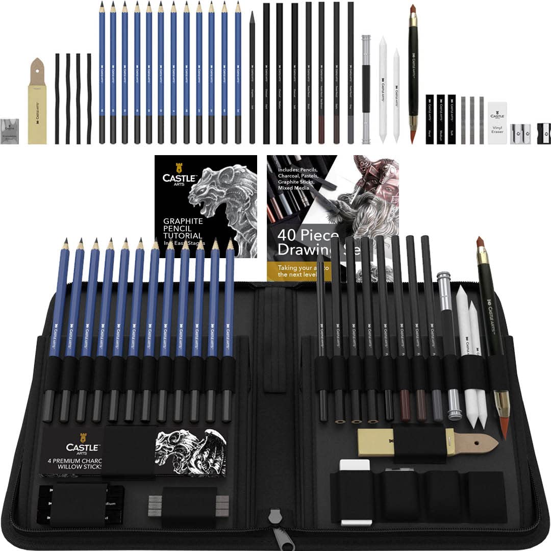 Castle Art Supplies 40 PieceDrawing, Sketching and Charcoal Set for Artists