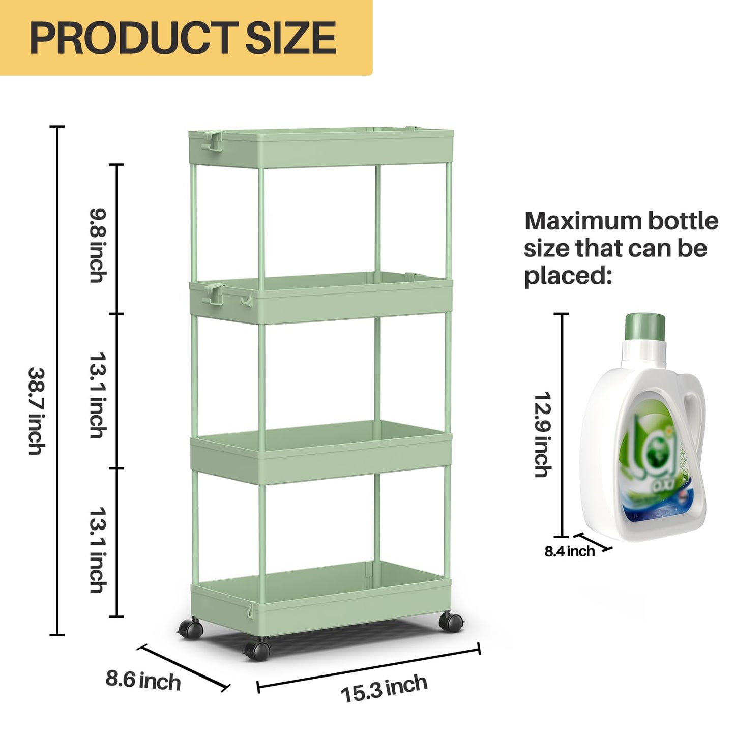 SPACEKEEPER 4 Tier Rolling Cart, Bathroom Cart Organizer with Wheels, Green