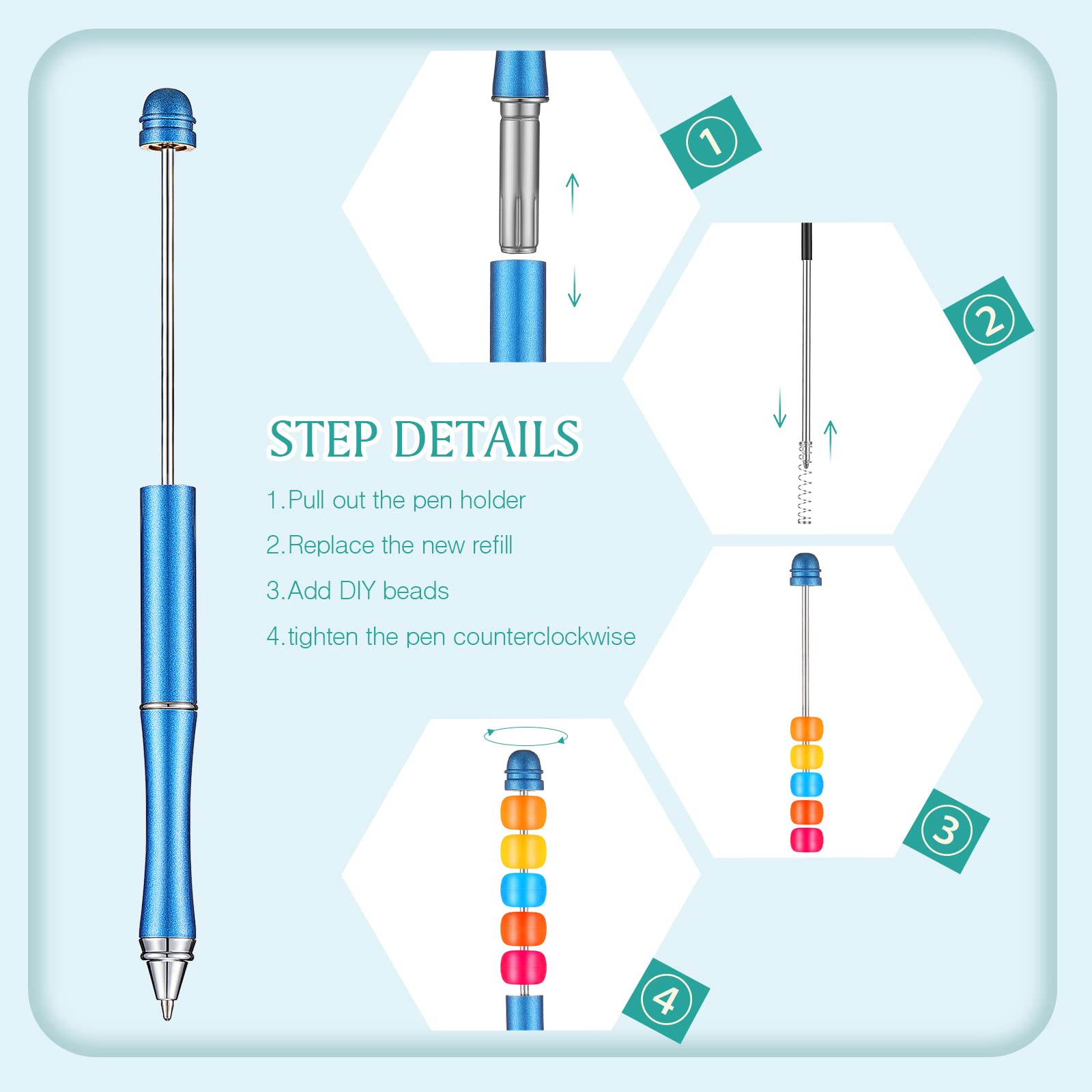 Chivao 20 Pieces Metal Beadable Pens Bulk Beaded Pens Black Ink Ballpoint with Refills Assorted