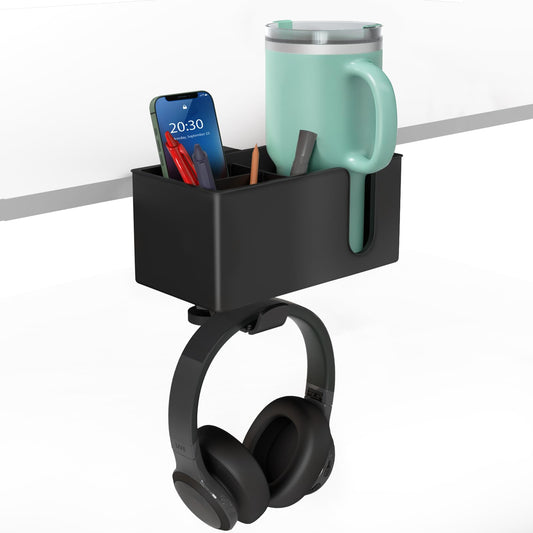 Anti-Spill Large Desk Cup Holder Clamp, Pencil Holder & Phone Stand (Black)