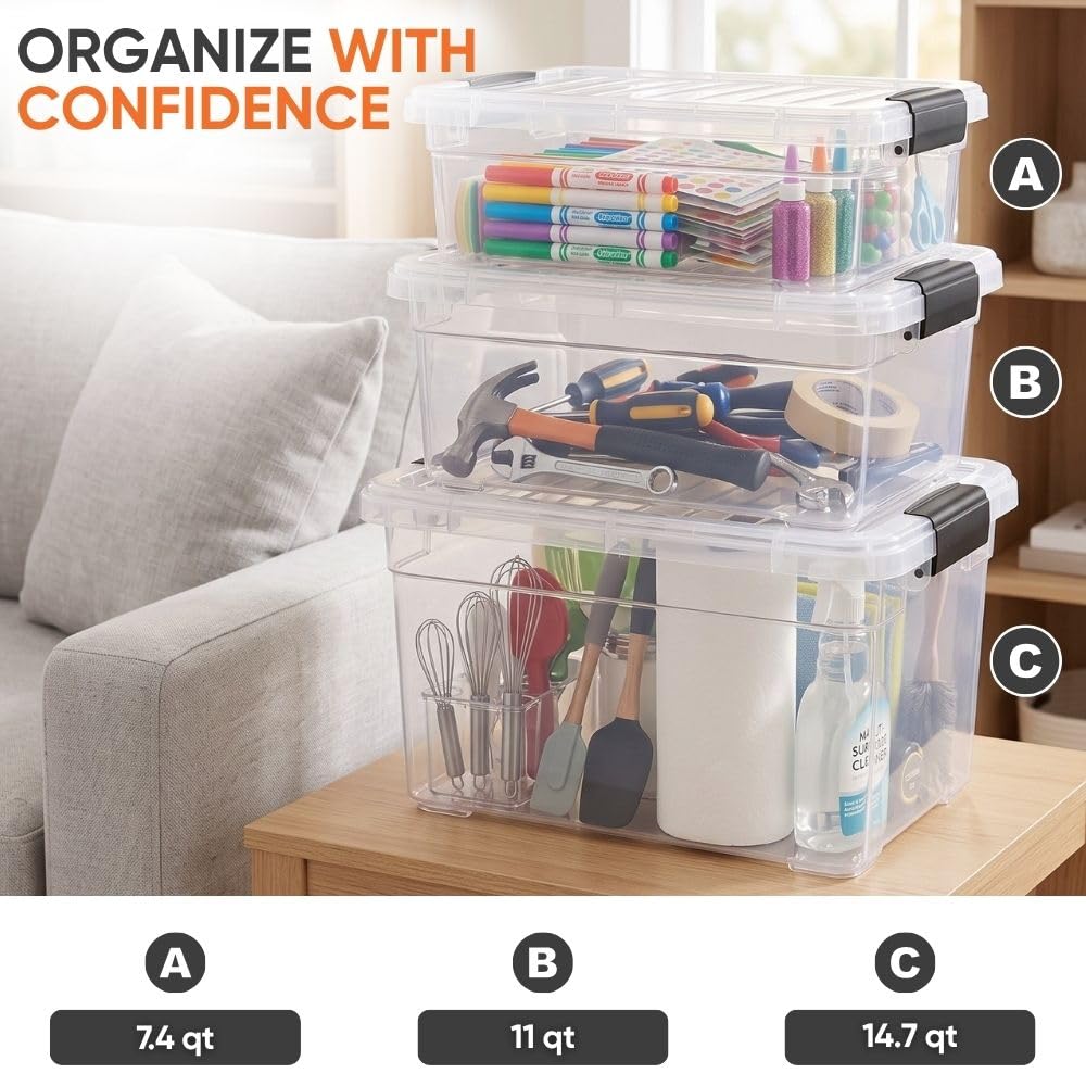 Superio 11 Quart Clear Plastic Storage Boxes with Lids, Stackable Organizer Containers, BPA-Free