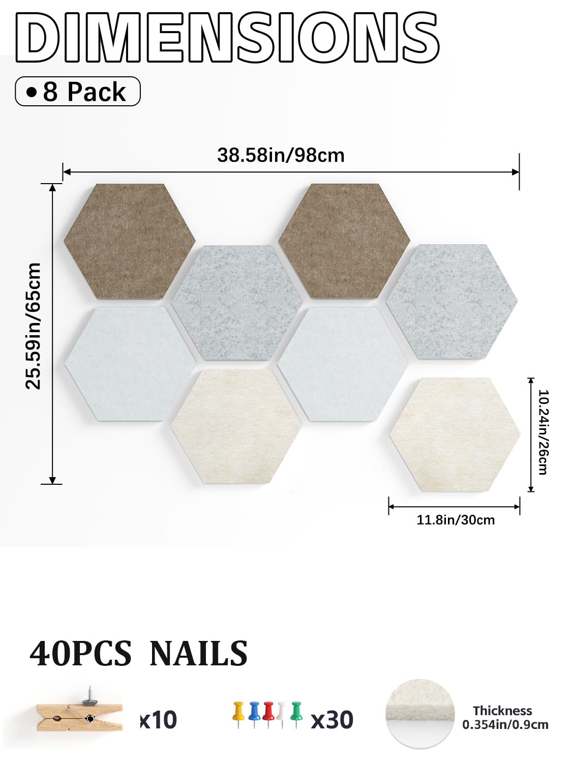 Uoisaiko 8 Pack Hexagon Felt Bulletin Board Tiles - 12" Large Thick Pin Board for Walls with 30