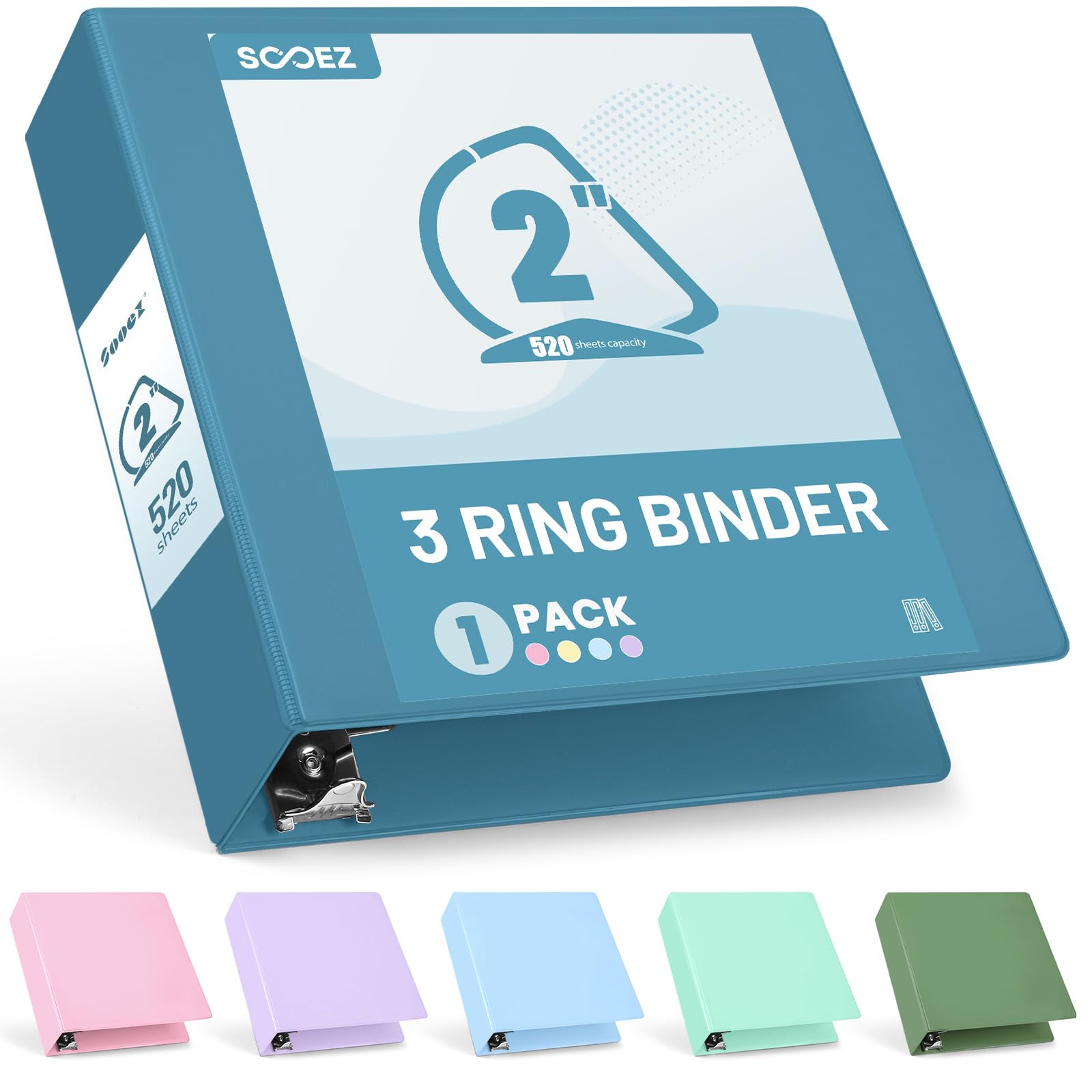Sooez 3 Ring Binder 2 Inch, D-Ring Binder with Pocket, Grey Blue, 8.5"x11"