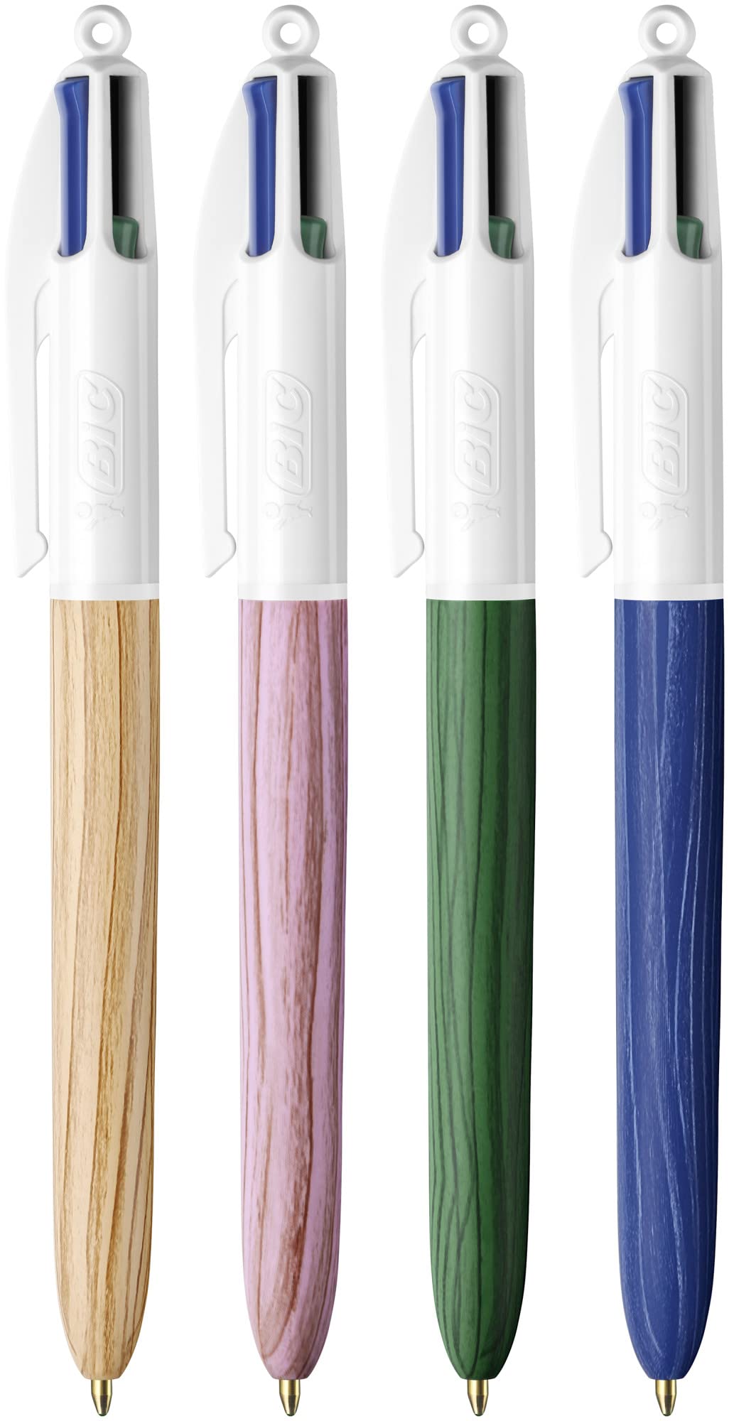 Bic 4 Colours Wood Effect Pens, Multi Coloured Pens All In One, Retractable Pens, Medium 1.0mm