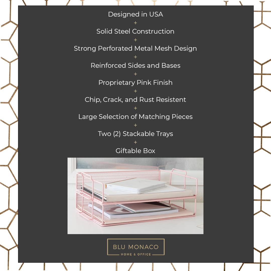 BLU MONACO | Paper Tray Stackable Pink Mesh Set of 2 | Stackable File Trays for Desk Organization |