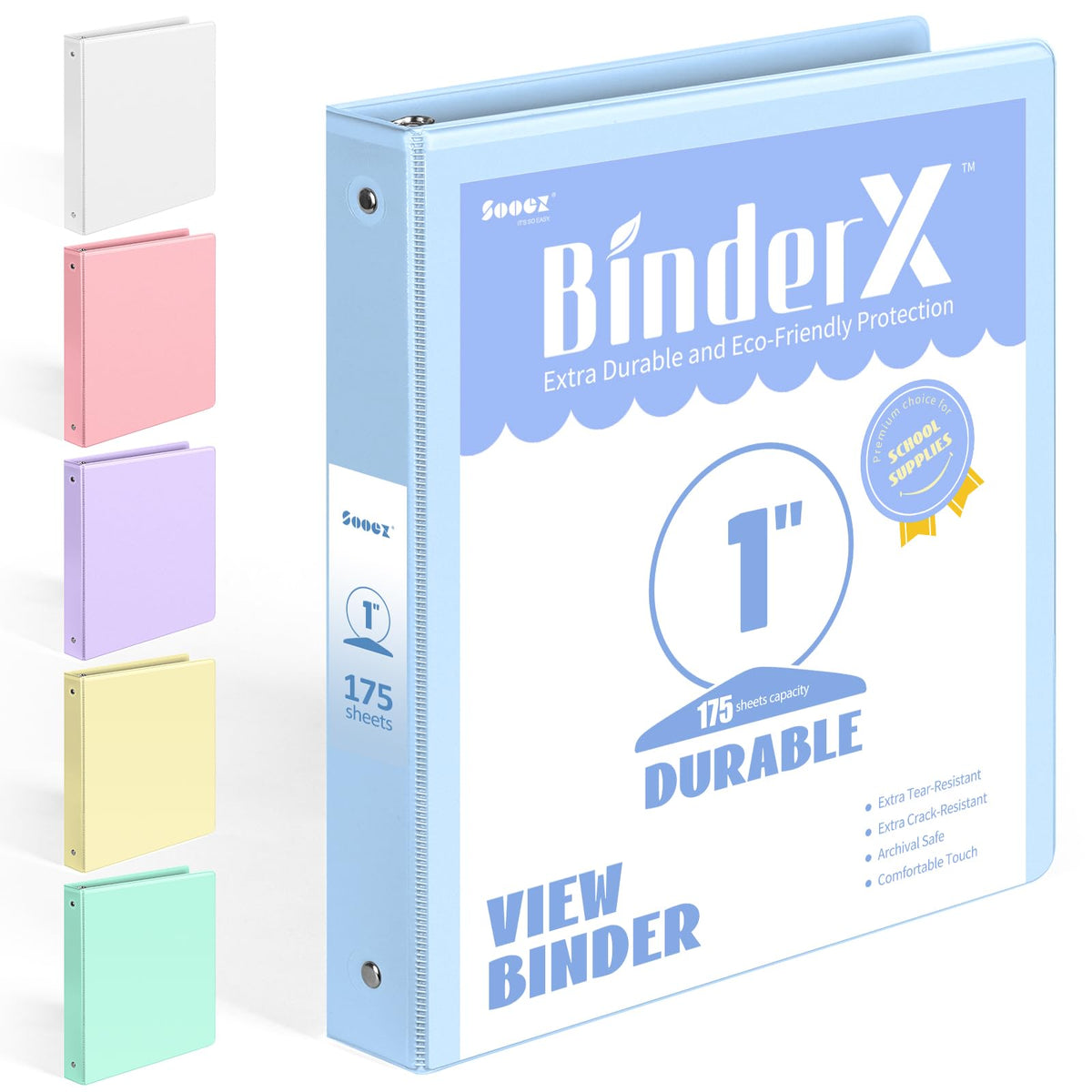BinderX 3 Ring Binder 1 Inch, 1" Clear View Binder, Light Blue, Letter Size