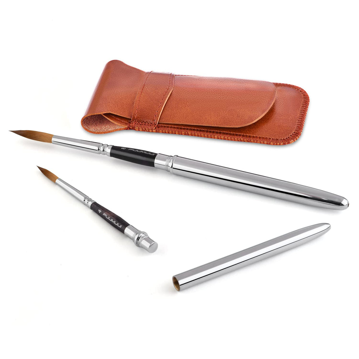 Sable Travel Watercolor Brushes, Fuumuui 4pcs Kolinsky Sable Watercolor Travel Brushes with Leather