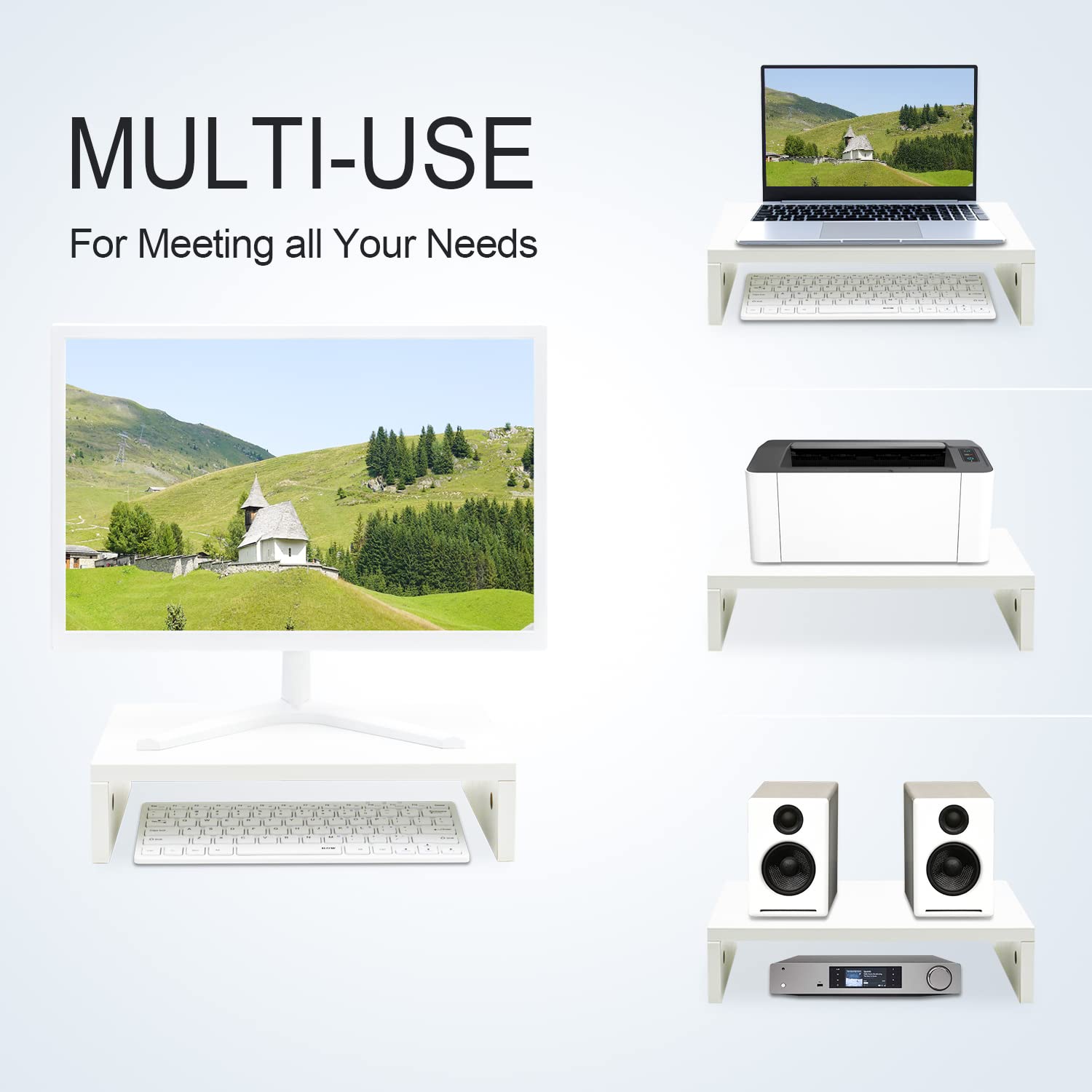TEAMIX White Monitor Stand Riser for Desk, Small Computer/Laptop Stand Wood