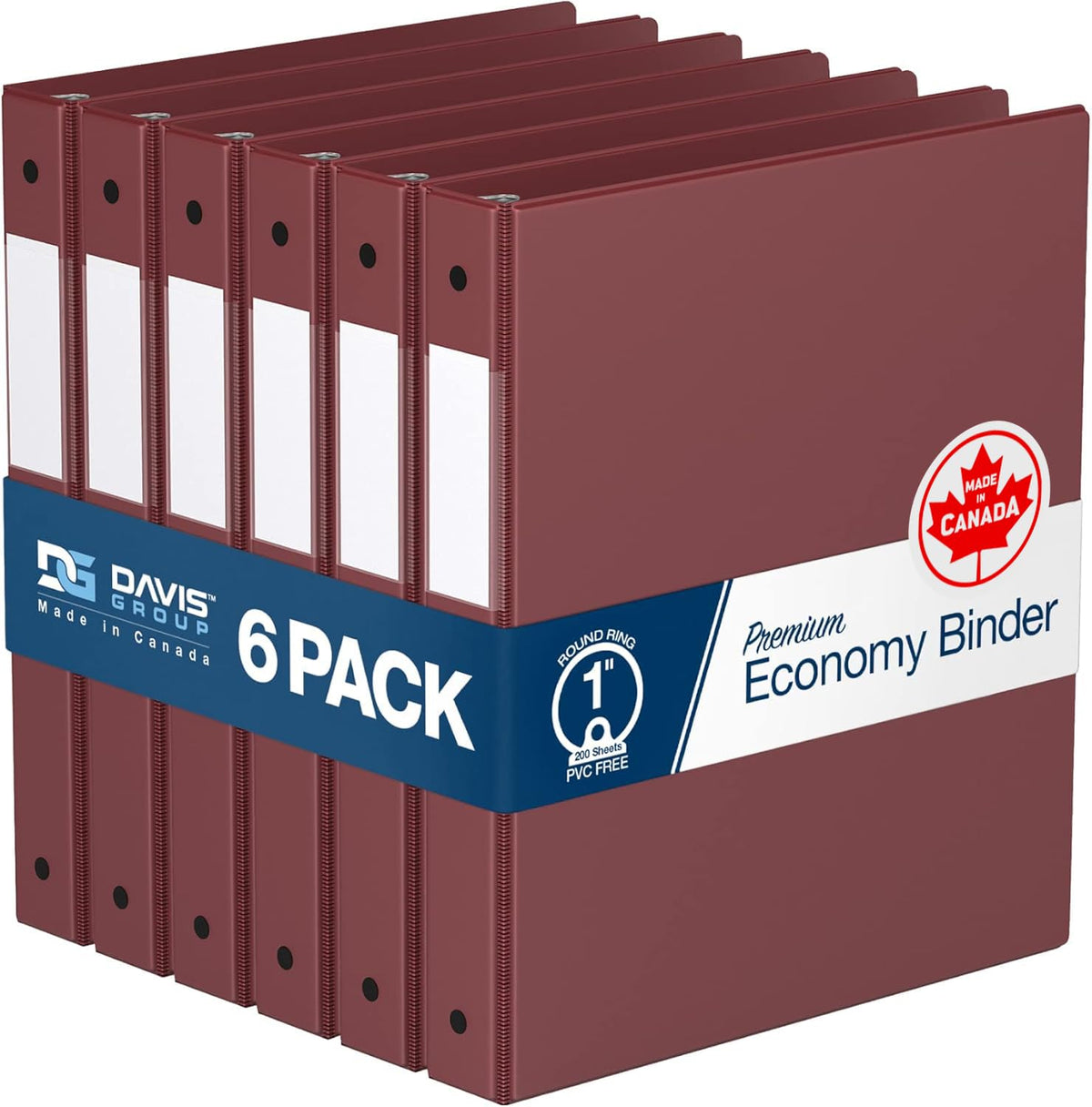 Premium Economy 3-Ring Binder, Spine Label, 1" Round Rings, Burgundy, 6 Pk