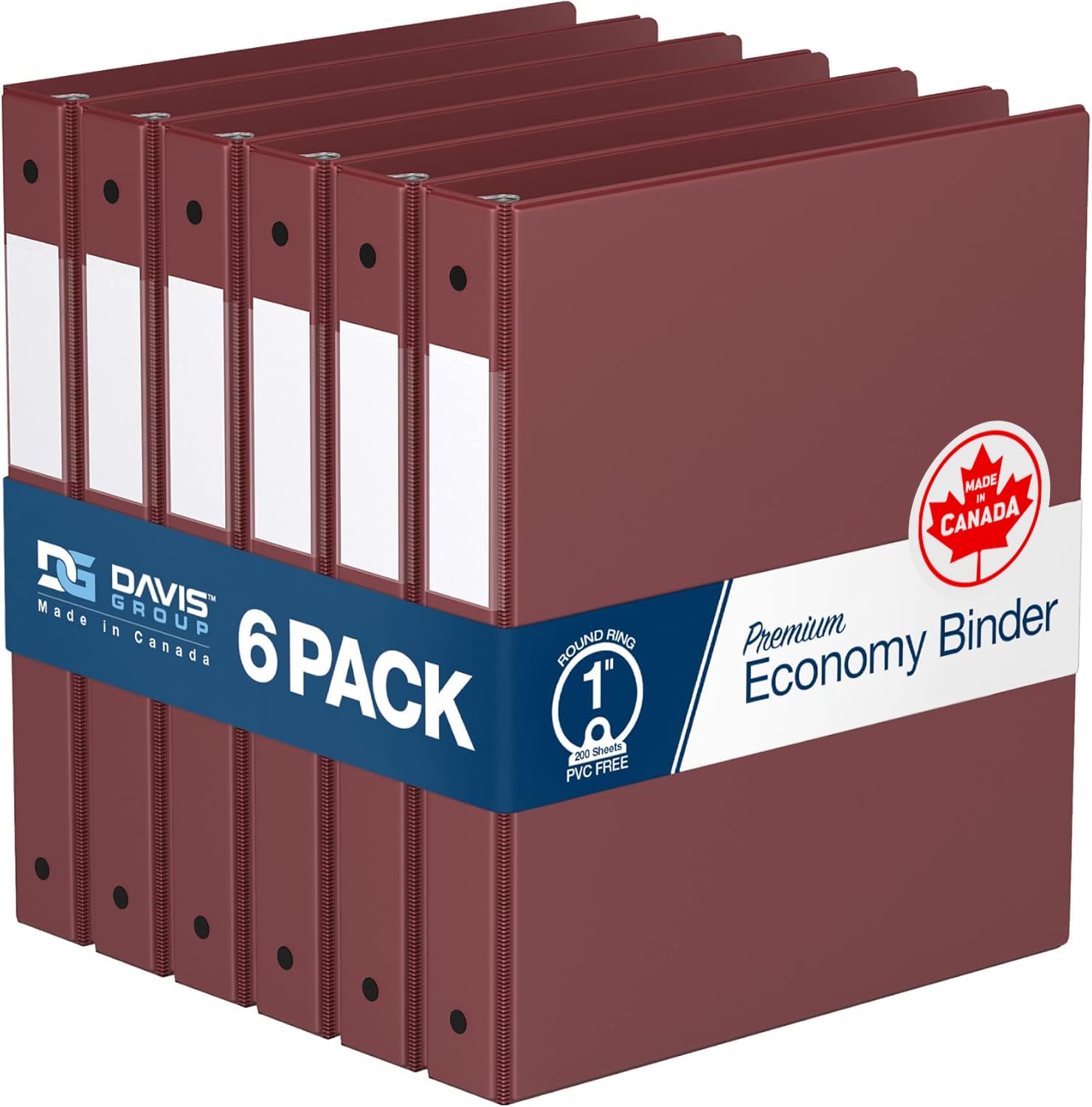Premium Economy 3-Ring Binder, Spine Label, 1" Round Rings, Burgundy, 6 Pk