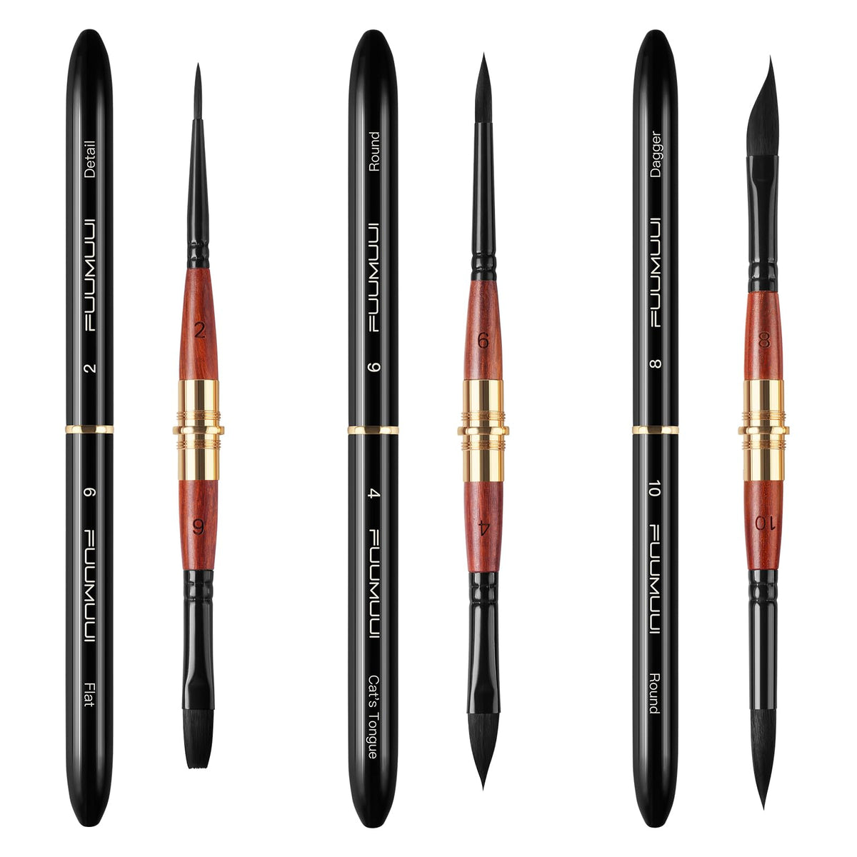 Dual Tip Travel Watercolor Brushes, Fuumuui 3pcs Synthetic Squirrel Hair Set of 6 Versatile Tips