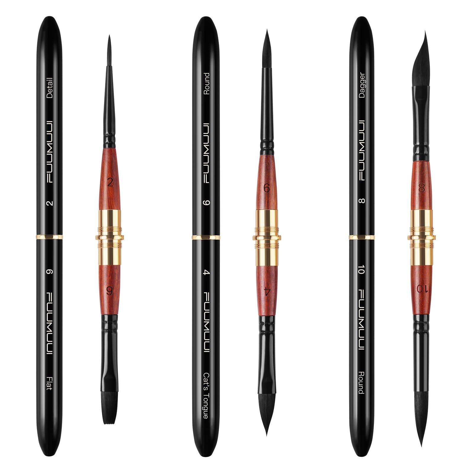 Dual Tip Travel Watercolor Brushes, Fuumuui 3pcs Synthetic Squirrel Hair Set of 6 Versatile Tips