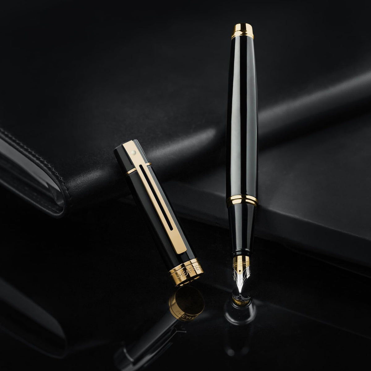 Sheaffer 300 Glossy Black Fountain Pen with Gold Tone Trim and Medium Nib