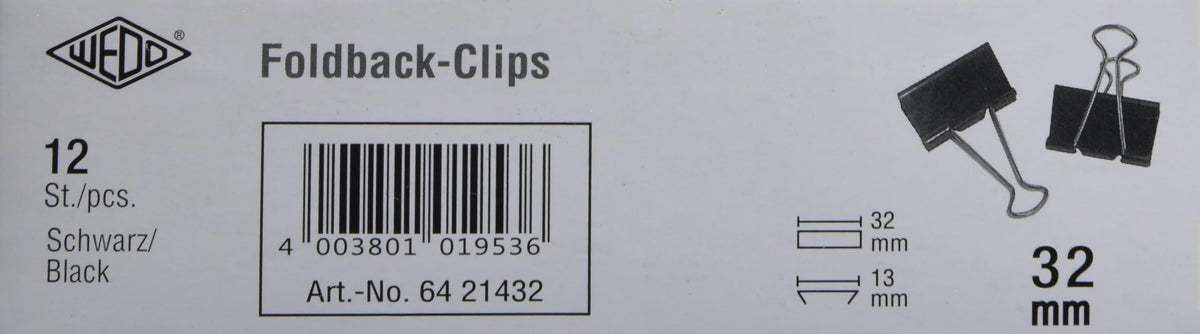 Wedo 6421432 32 mm Fold Back Clip (Pack of 12)