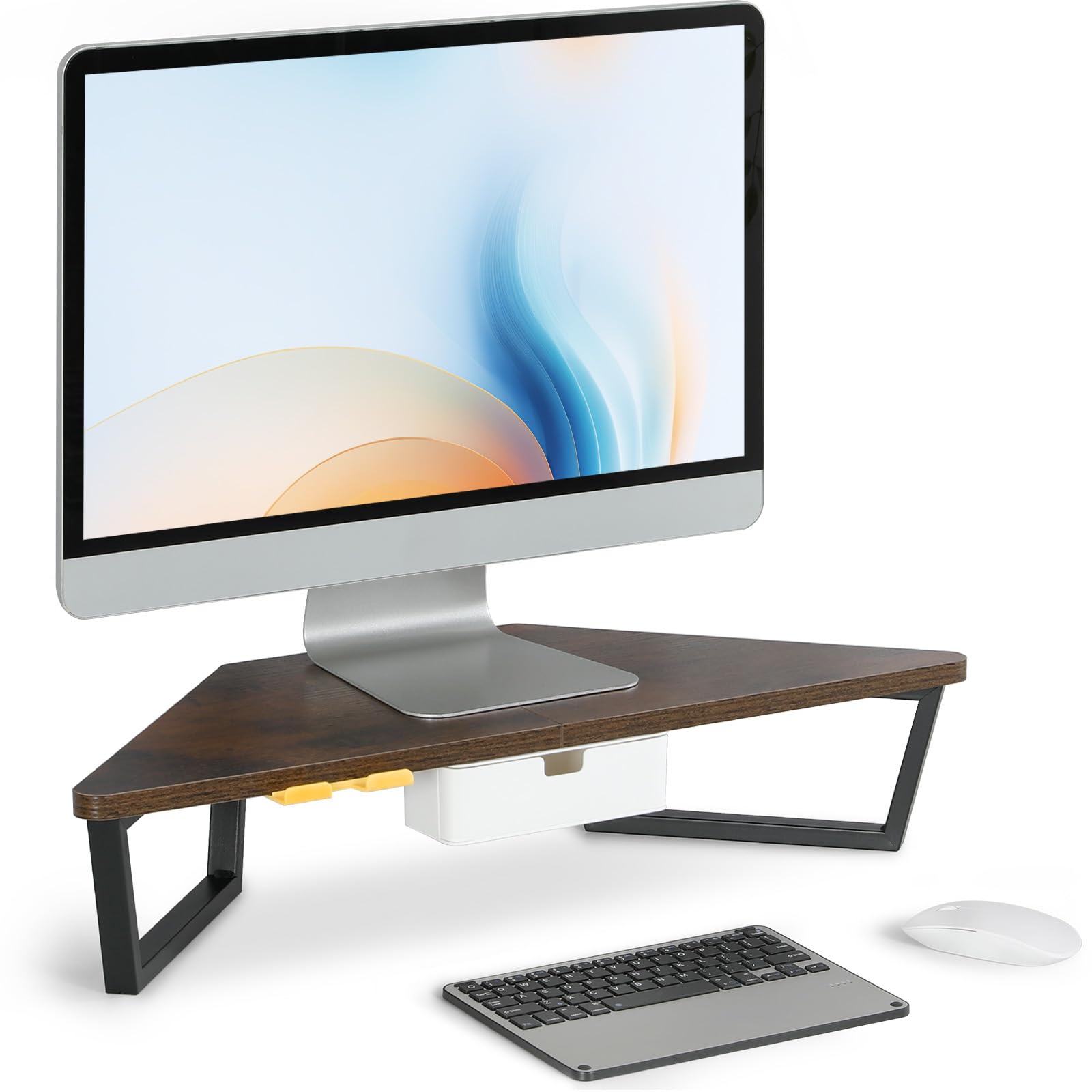 TEAMIX Corner Monitor Stand with Drawer and Phone Holder, 26x12.6x5.3in