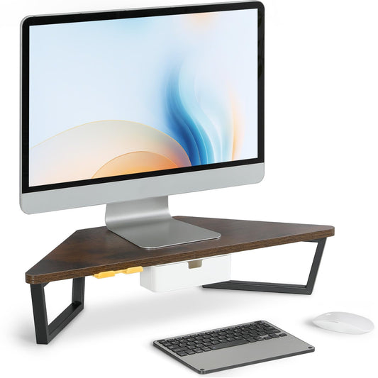 TEAMIX Corner Monitor Stand with Drawer and Phone Holder, 26x12.6x5.3in