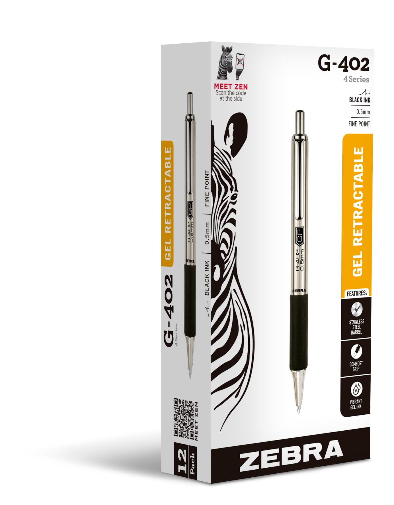 Zebra Pen STEEL G-402 Retractable Gel Pen, Black Ink, 0.5mm, 12-Pack
