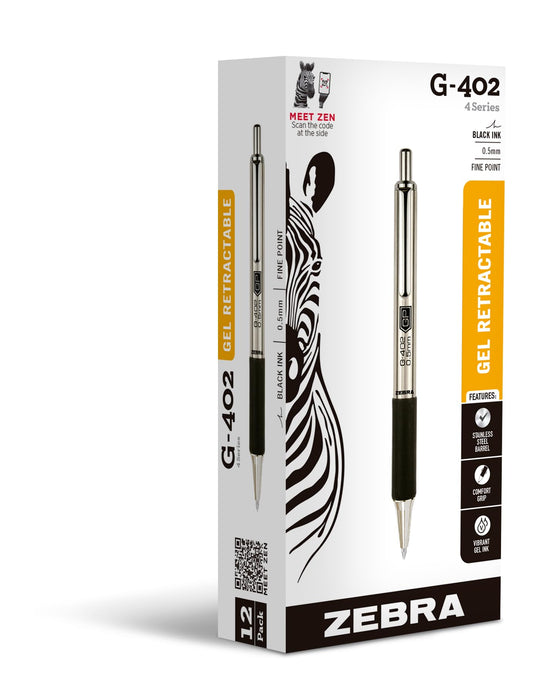 Zebra Pen STEEL G-402 Retractable Gel Pen, Black Ink, 0.5mm, 12-Pack