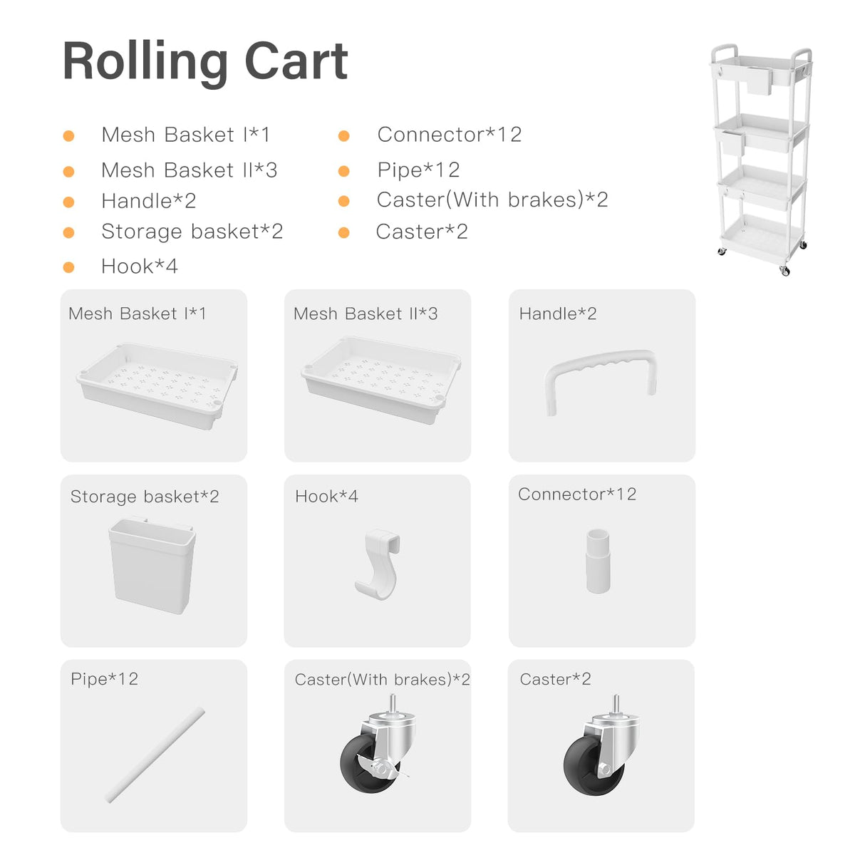 4 Tier Rolling Utility Cart with Handle,REBECAT Utility Cart Made of Multifunctional Storage