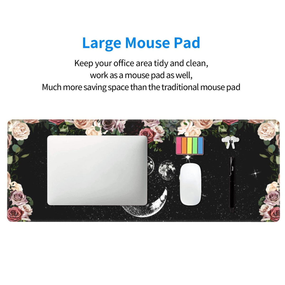 Pale Roses Moon Phase Witchy Tarot Black XXL XL Large Gaming Mouse Pad for Desk, Non-Slip Long