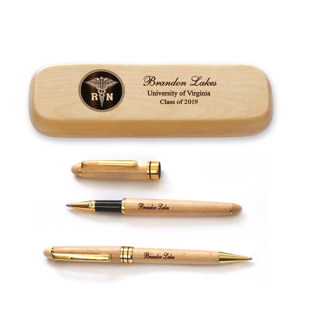Personalized Solid Maple Wood Graduation Pen Set for Nurse