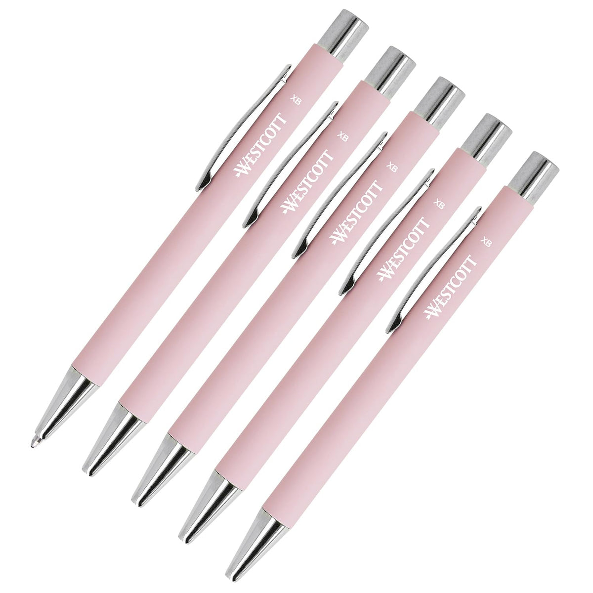 Westcott Premium Ballpoint Pen, Set of 5, Pink Ballpoint Pens Made of Aluminium, Document Safe with