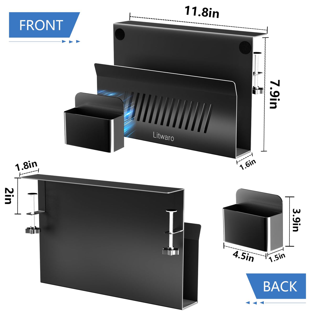 Litwaro Desk Side Storage, No Drill Laptop Holder with Magnetic Pen Holder, Clamp on Laptop Mount