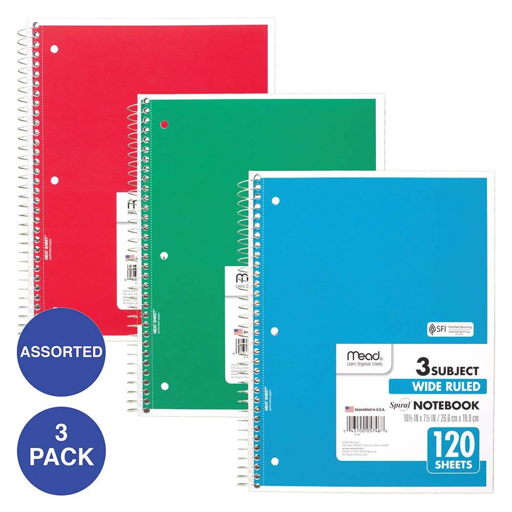Mead Spiral Notebooks, 3 Subject, Wide Ruled Paper, 120 Sheets, 10-1/2" x 7-1/2", Red, Green, Blue