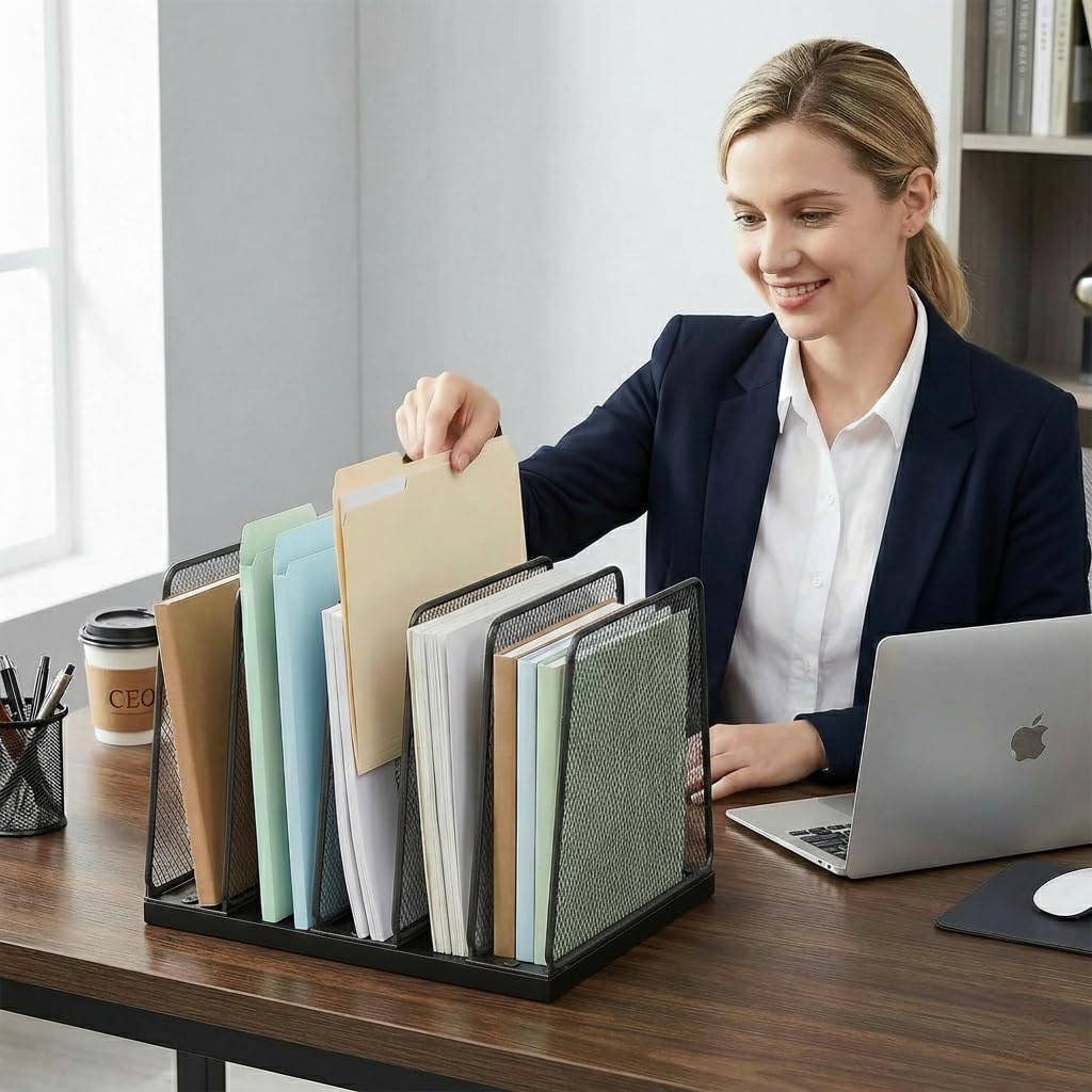 Becomrock 5-Section Vertical File Organizer for Desk, Sturdy Wood Base & Metal Mesh Desktop File