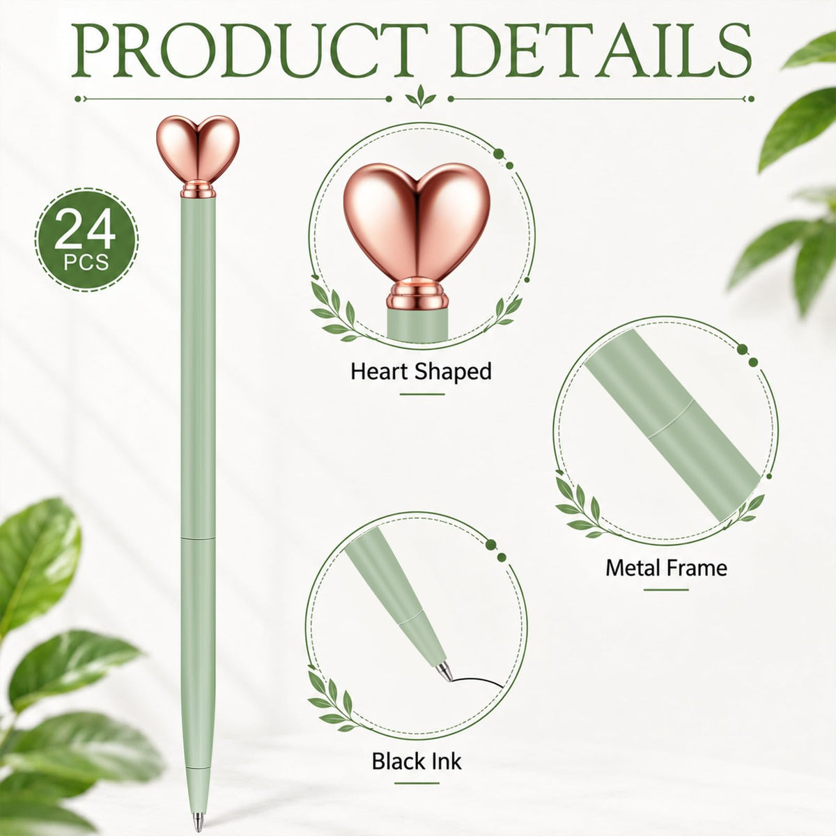 Thenshop Sage Green 24 Pcs Heart Shaped Pens Retractable Metal Cute Pens 1.0 mm Black Ink Ballpoint