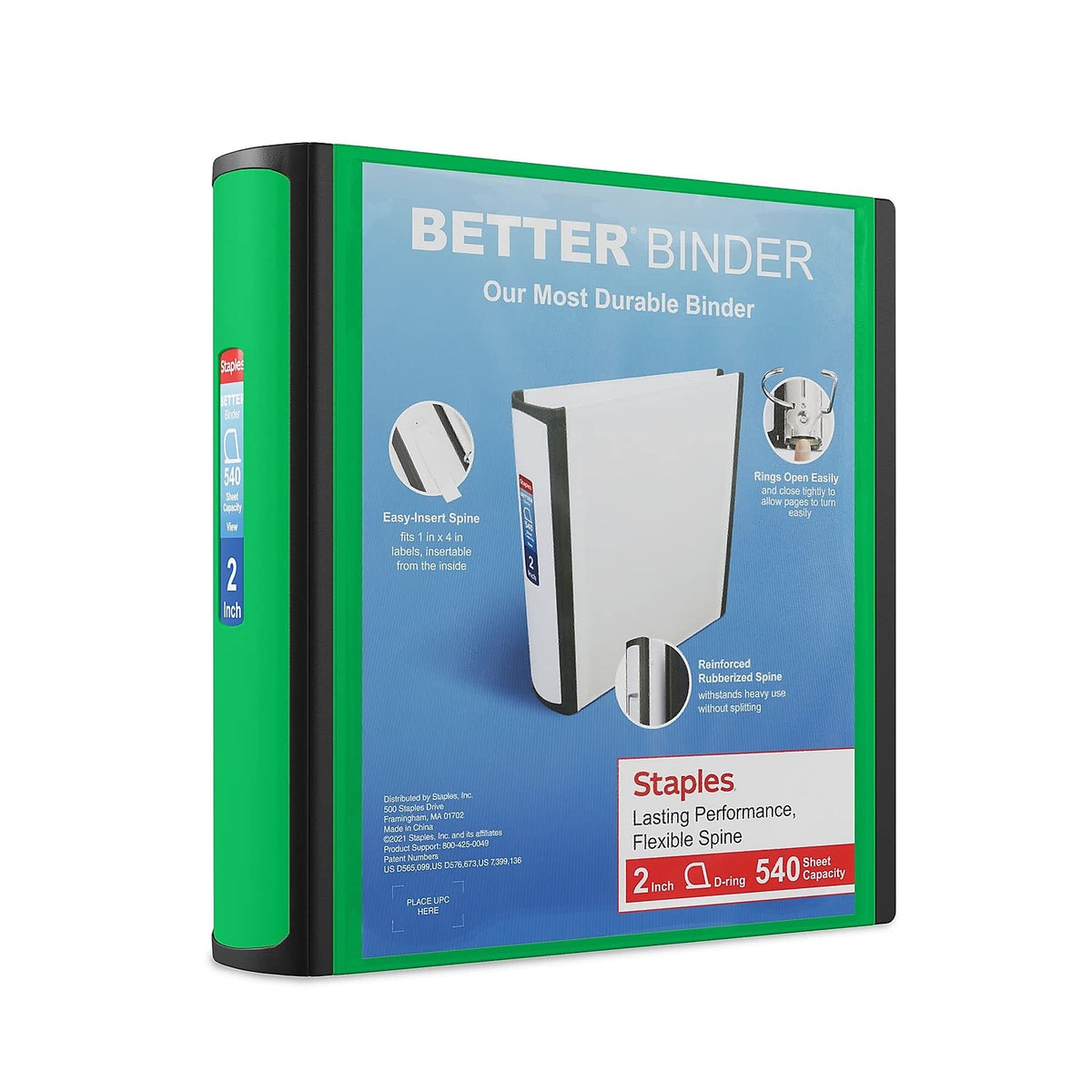 Staples Heavy-Duty 2-Inch D-Ring Binder, Green, Holds 540 Sheets