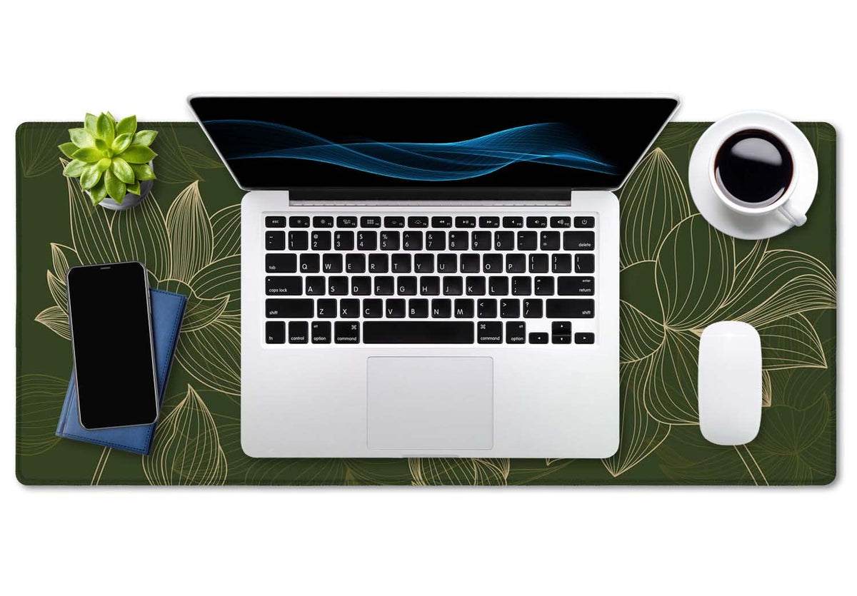 SSOIU Green Floral Desk Mat - Modern Gaming Mouse Pad, Large XXL Size, 35.5" x 15.7
