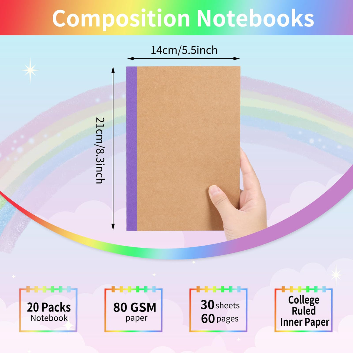 EOOUT 20 Pack A5 Kraft Notebooks, Lined Journal Bulk with Rainbow Spine, 10 Colors, 60 Pages Soft