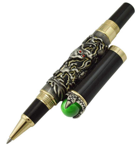 Jinhao Gray Dragon Playing Pearl Roller Ball Pen with Jewelry on Top with Pen Pouch for Journal