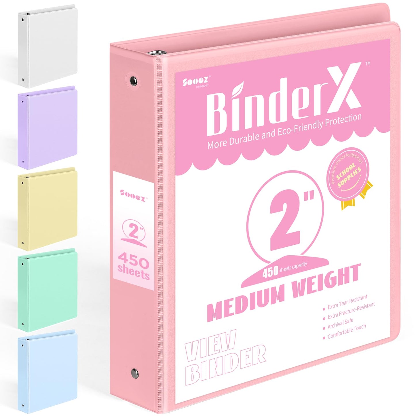 BinderX 3 Ring Binder 2 Inch, 2" Clear View Binder, Pink, Letter / A4 Size