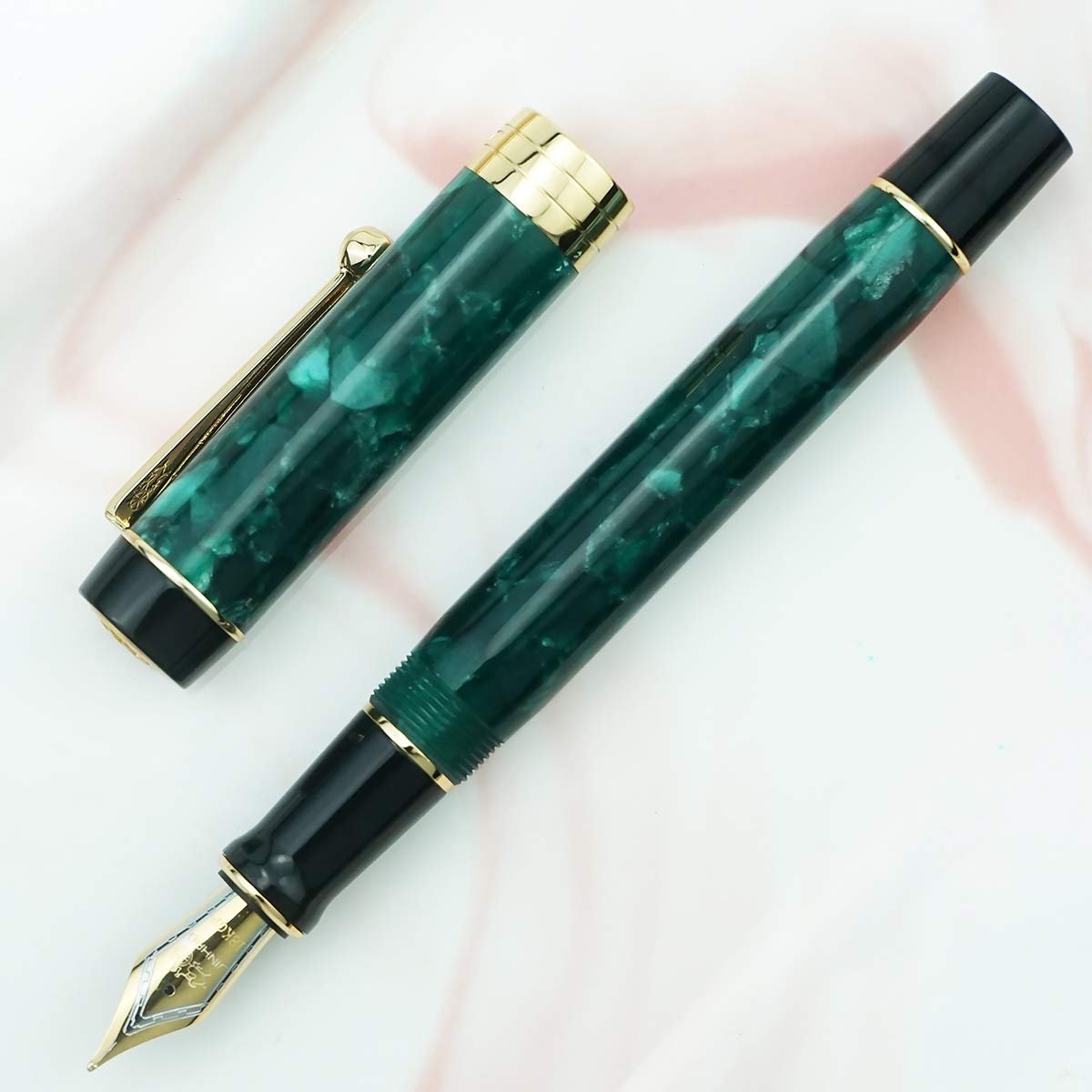 Jinhao 100 Classic Fountain Pen Green Celluloid, Medium Nib with Converter and Pen Case Set