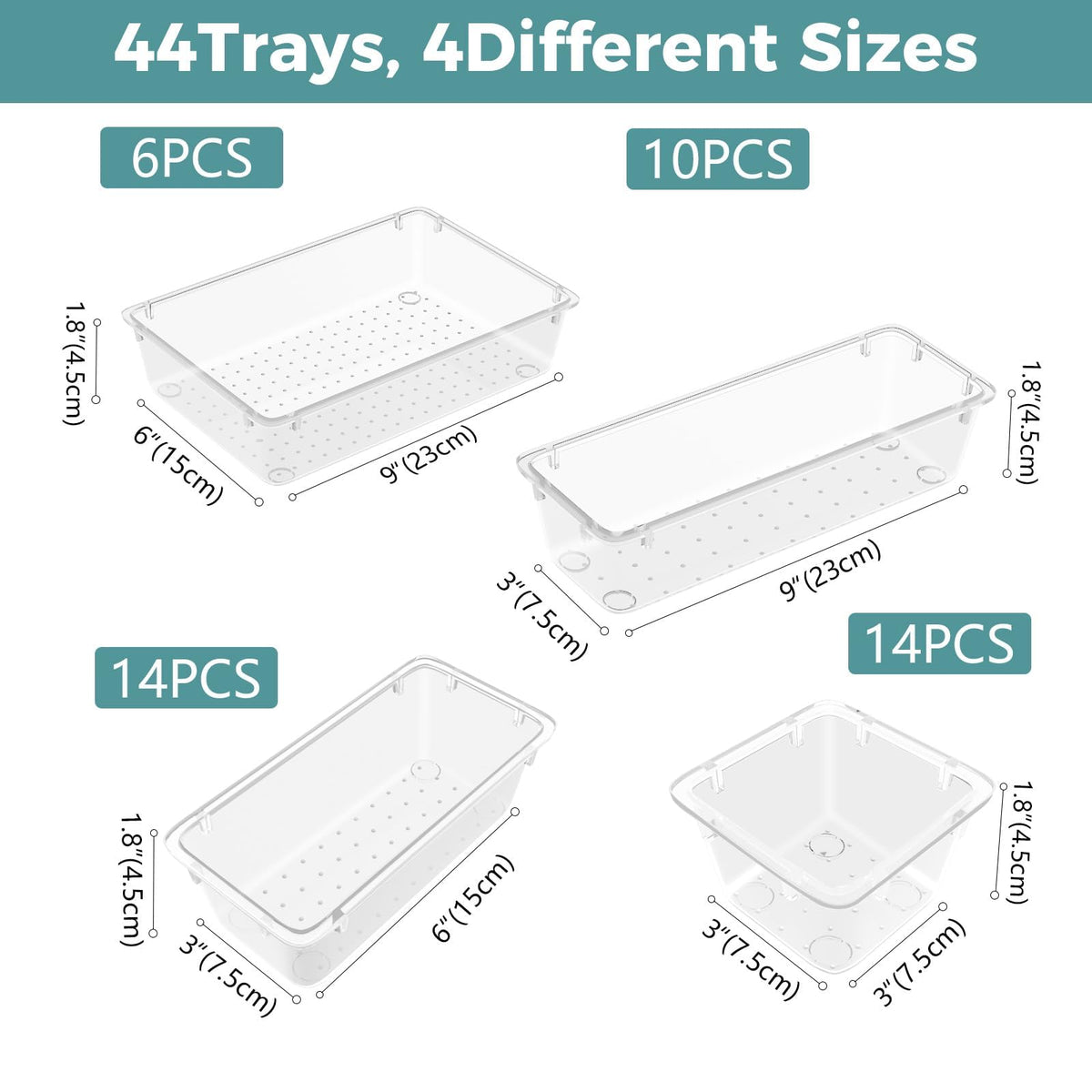 44 PCS Clear Plastic Drawer Organizer Set, 4 Sizes Storage Bins, Clear