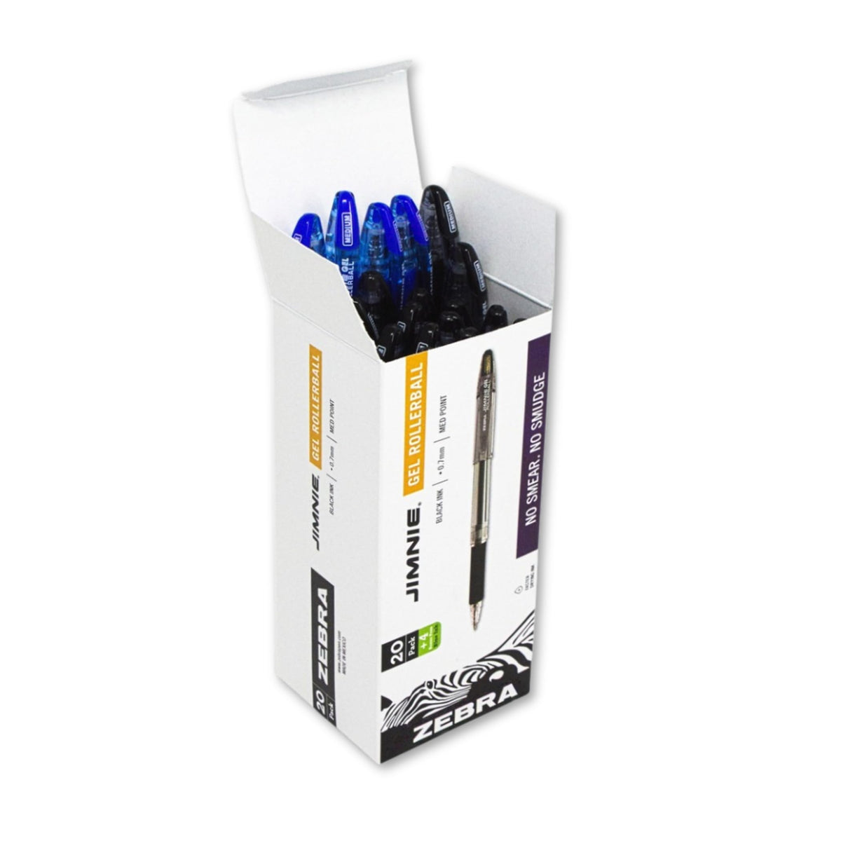 Zebra Pen Jimnie Rollerball Gel Pens, Medium Point 0.7 mm, 24-Count (20 Black, 4 Blue)