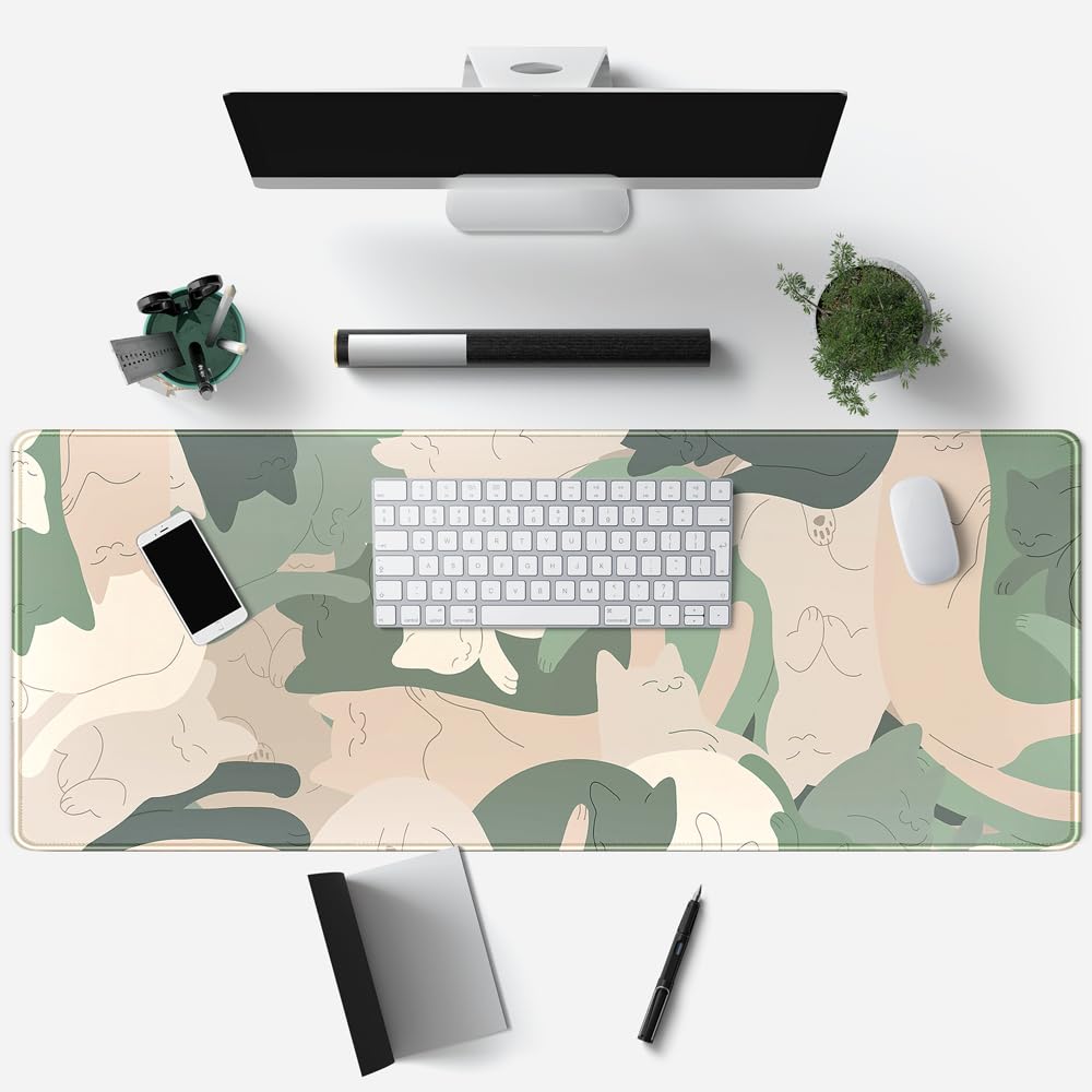 Green Simple Cat Desk Mat Sleeping Cute Long Cool Mouse Pad for Laptop Gaming Computer Keyboard Pad