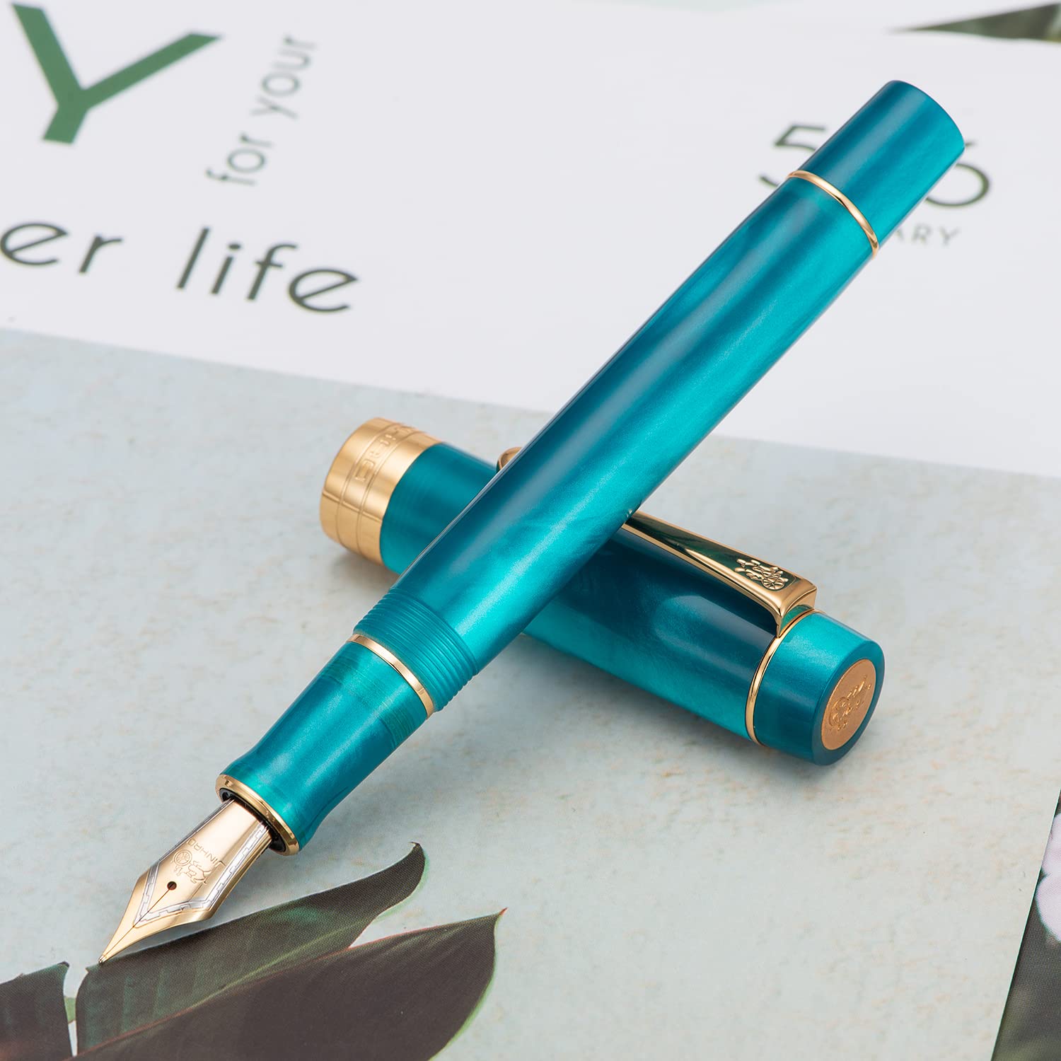 Jinhao Classic Fountain Pen Peacock Blue Celluloid, Extra Fine Nib with Conveter and Pen Case Set