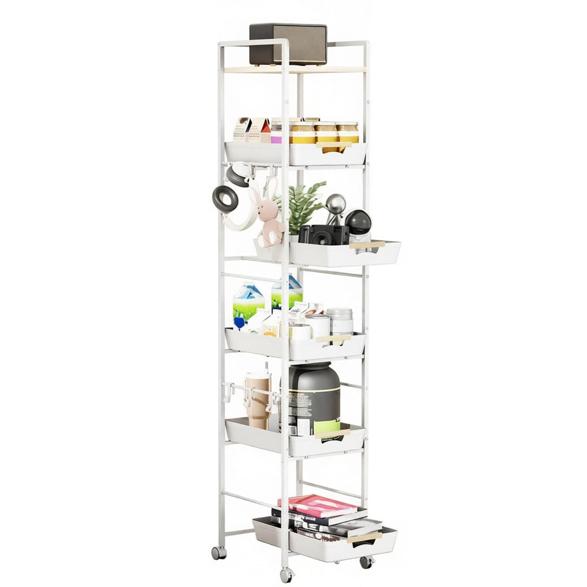 MAYBOSS 6-Tier Slim Rolling Storage Cart with Wheels, Metal Organizer Tall Rolling Cart, Wood Top